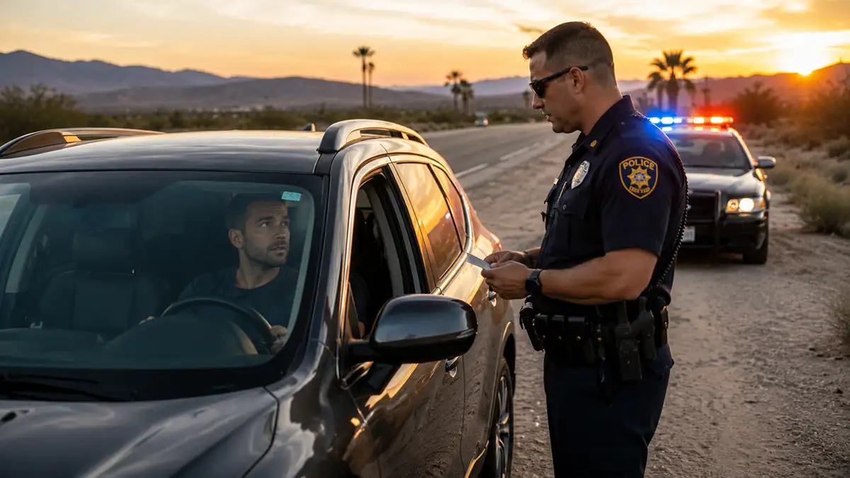 Police officer pulls car over on desert road