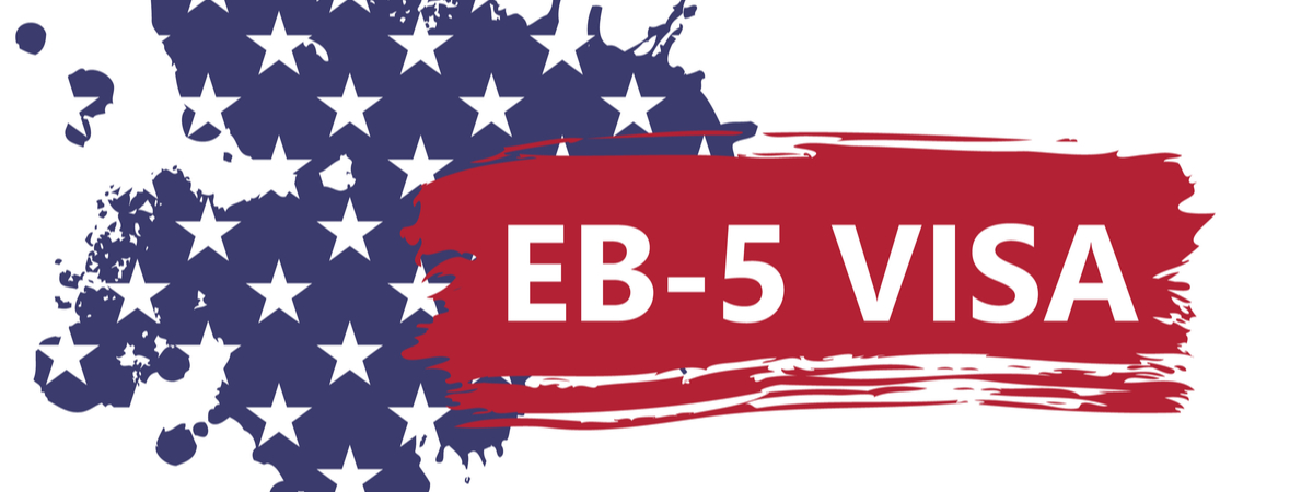banner in the form of an abstract American flag with text of EB-5 Visa
