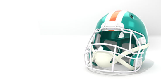 American football helmet with Miami Dolphins team colors. Template for presentation or infographics. 3D render