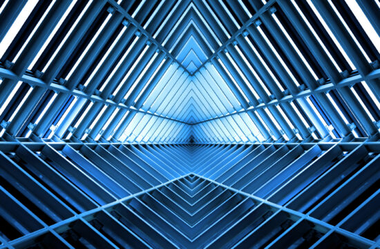 metal structure similar to spaceship interior in blue light