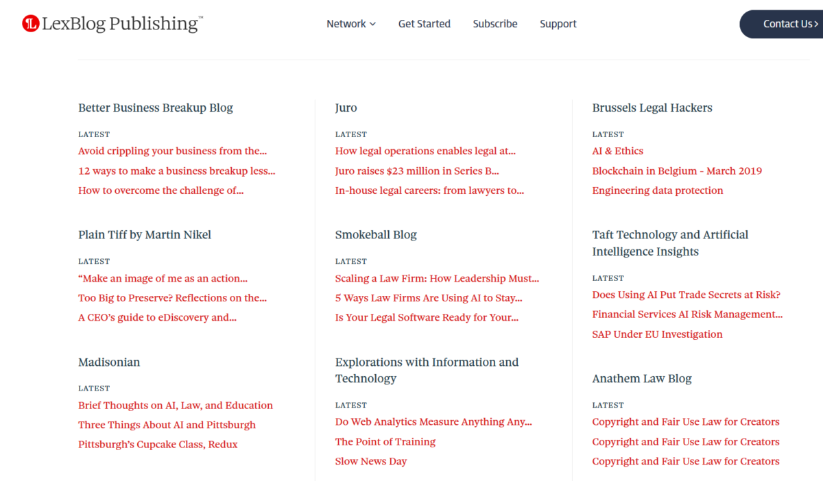 An image showing small cards listing blogs. Each blog is named on the card and below its name is the word "latest". Below that are the last three blog post headlines from that blog as captured by Lexblog
