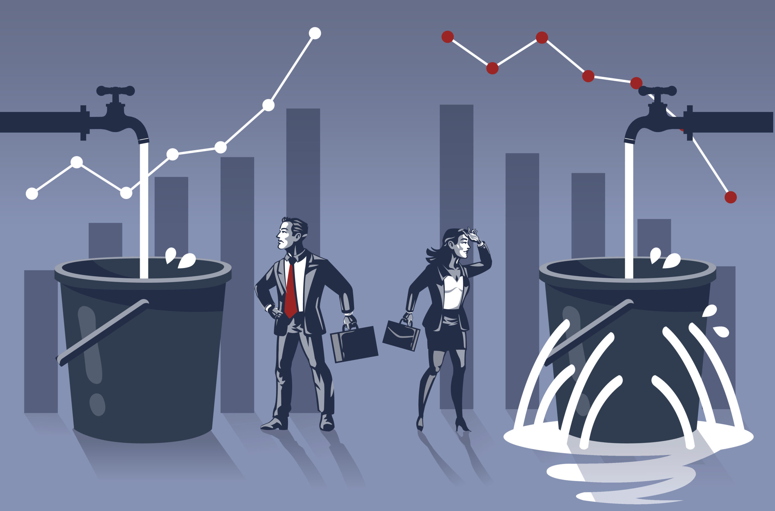 Businessman Happy to See His Water Bucket is Full While Business