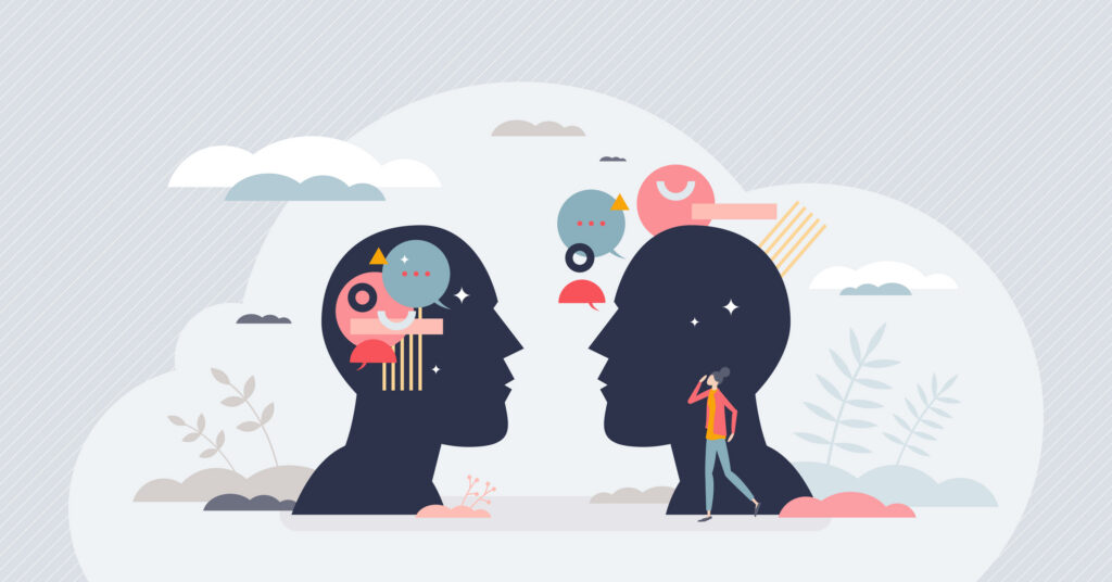 Introversion and extroversion human personality types tiny person concept. Different character social individuality with feelings and emotions expression or holding them inside vector illustration.