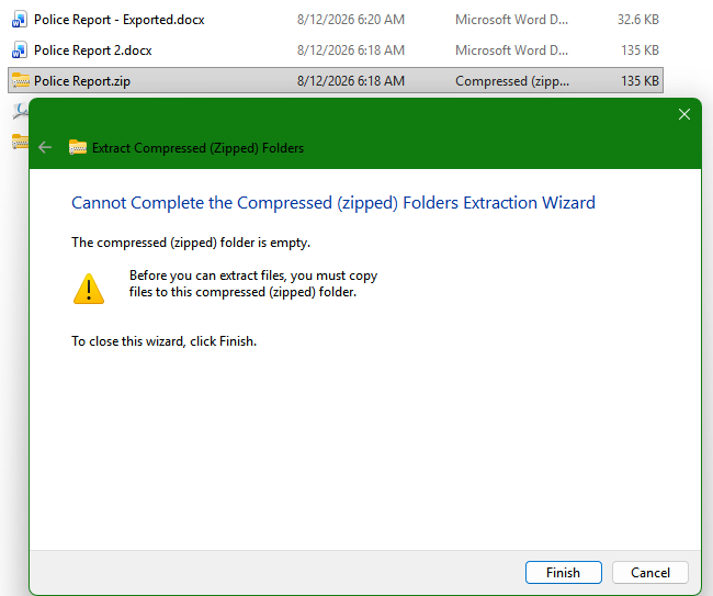 An image that says Cannot Complete the Compressed (zipped) Folders Extraction Wizard.