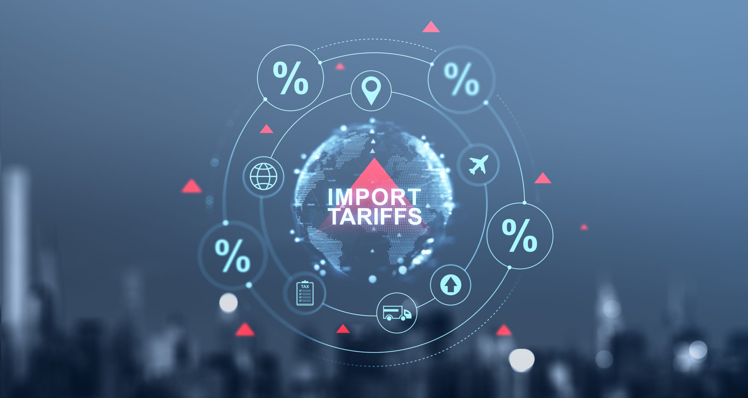 Import tariffs increase concept with global trade symbols.