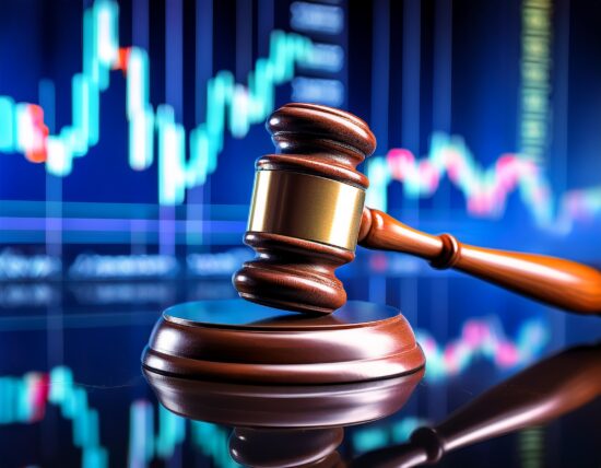a wooden gavel rests on a reflective surface in front of a stock market chart symbolizing the intersection of law and finance