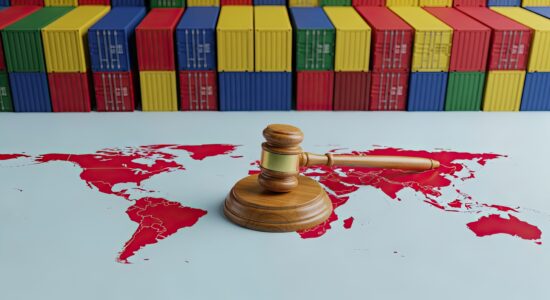 Wooden judge's gavel resting on a vibrant red world map symbolizing international law and global trade with a backdrop of colorful stacked shipping containers representing logistics and commerce