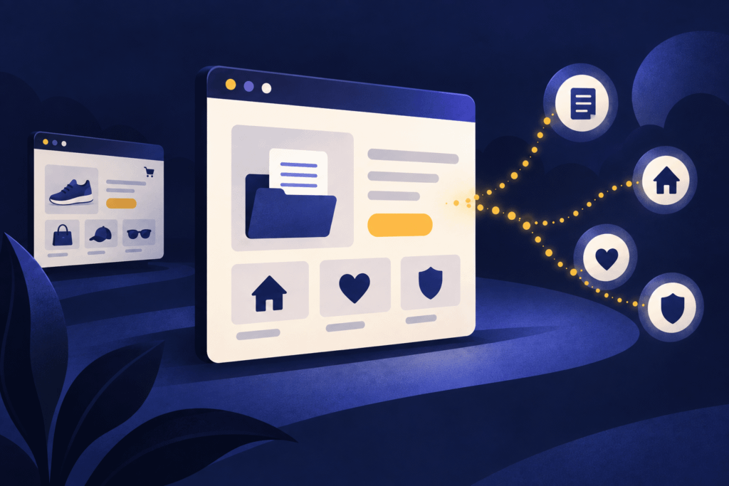 Illustration contrasting a shopping website with a legal-help website and data signals from page visits.