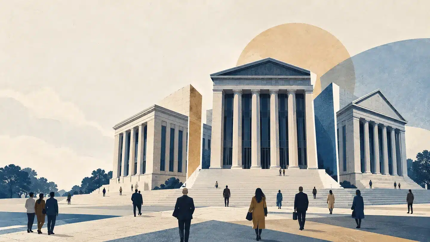 Amnesty International Calls to Abolish ICE. Who Would Replace It? 9 Conceptual illustration of separate civic institutions and people in a public square