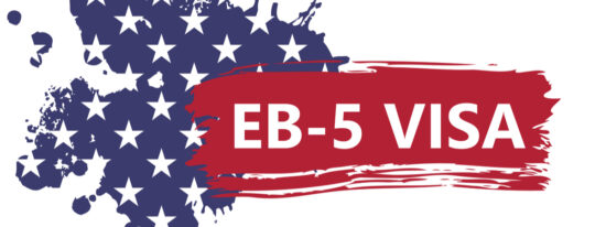 banner in the form of an abstract American flag with text of EB-5 Visa