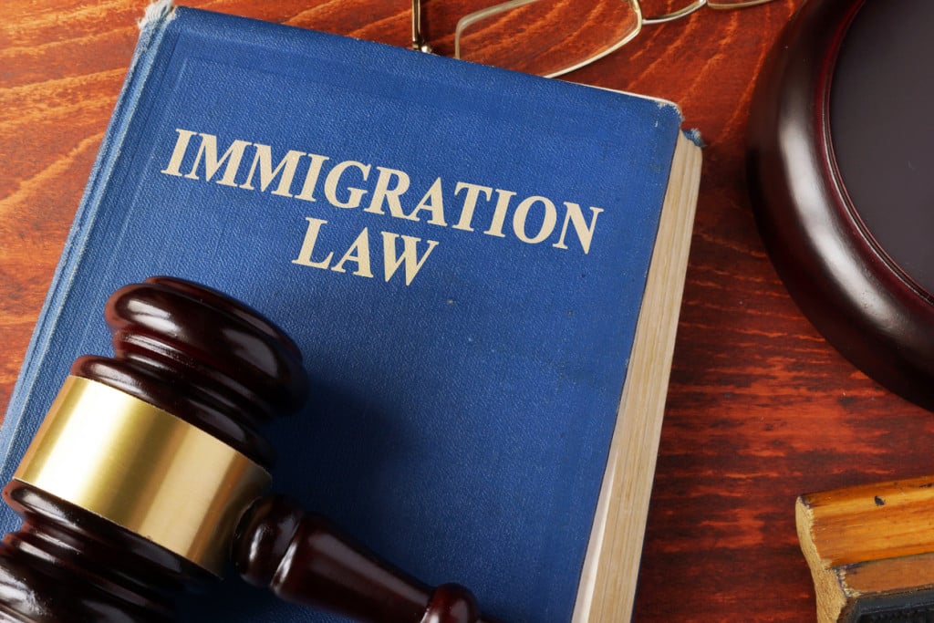Blue Immigration Law book beside a judge&rsquo;s gavel and eyeglasses.