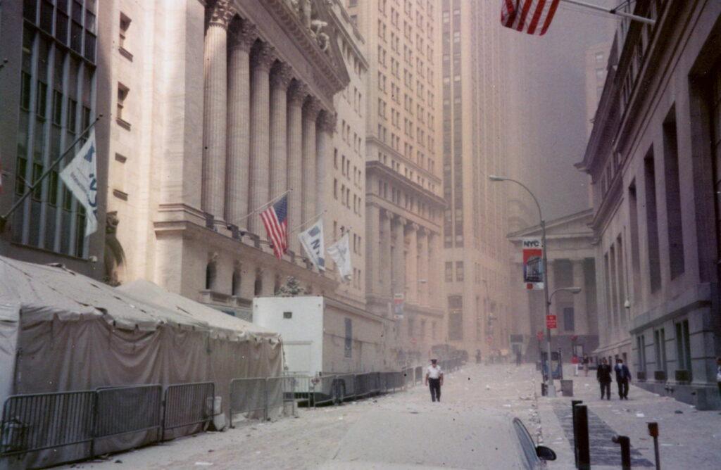 New York Stock Exchange building on a dust-covered Wall Street after the attacks