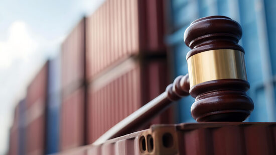 Gavel on cargo containers. Represents legal compliance in international trade. Symbolizes justice, law, and regulations in the import/export industry. Shows trade agreements.