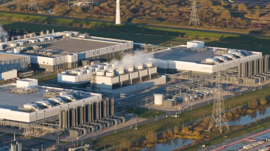 Aerial Vertical View: Massive Data Center Cooling Systems.