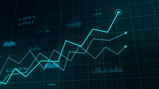 Growing line charts business competition concept - Hi tech digital style blue and cyan computer illustration.