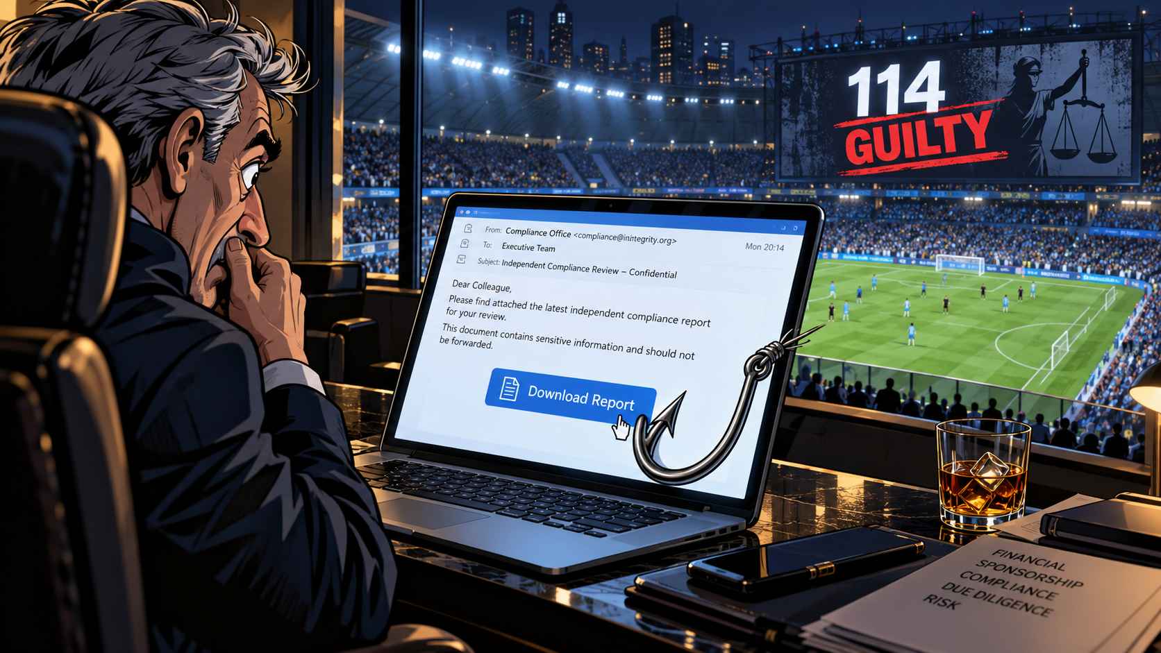 Phishing email illustrated inside a football stadium executive box