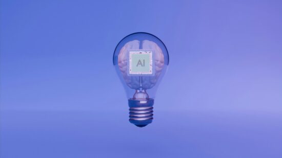 Conceptual render of artificial intelligence processor chip embedded in a white human brain inside a transparent light bulb, floating against blue purple gradient background with copy space