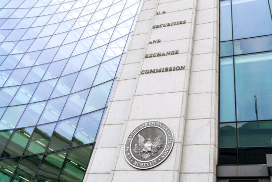 SEC sign and logo on the building in Washington DC.