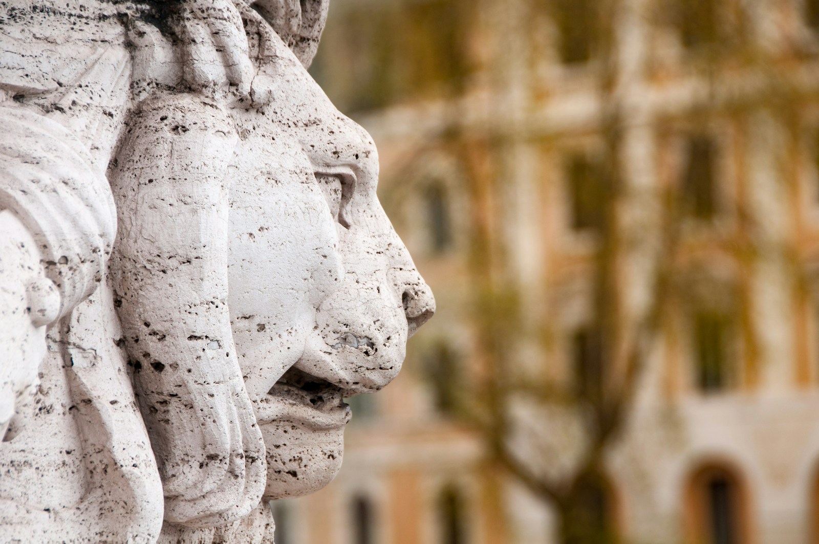 Lion head base of a statue Tiber River in Rome, Italy